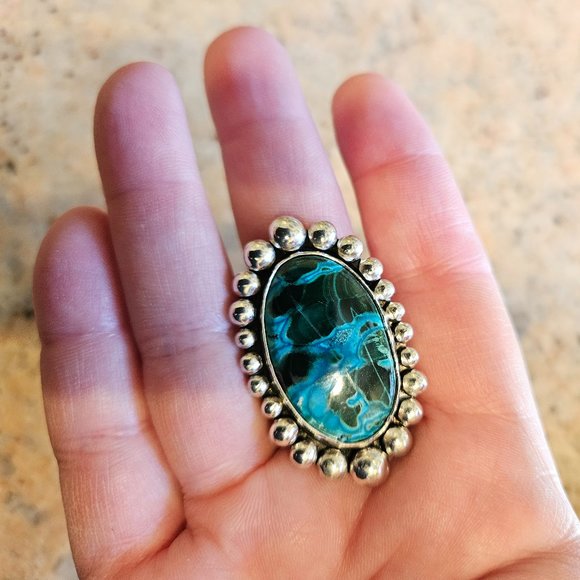 Malachite & Chrysocolla Silver Ball Ring - Picture 1 of 5